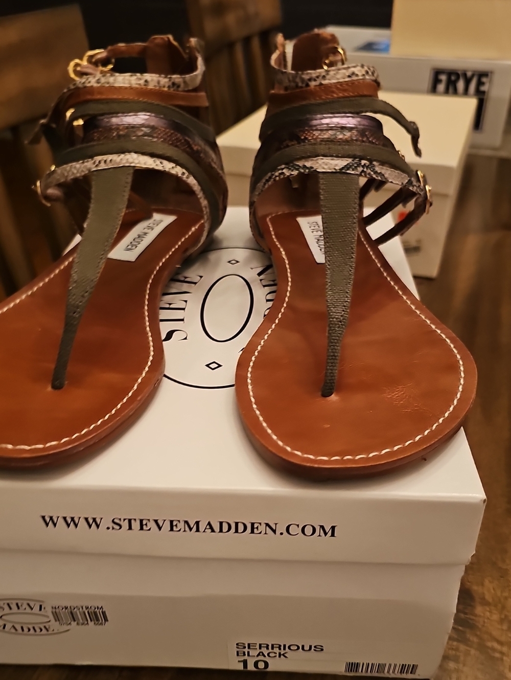Steve Madden Brown and Olive Multi-Strip Sandals